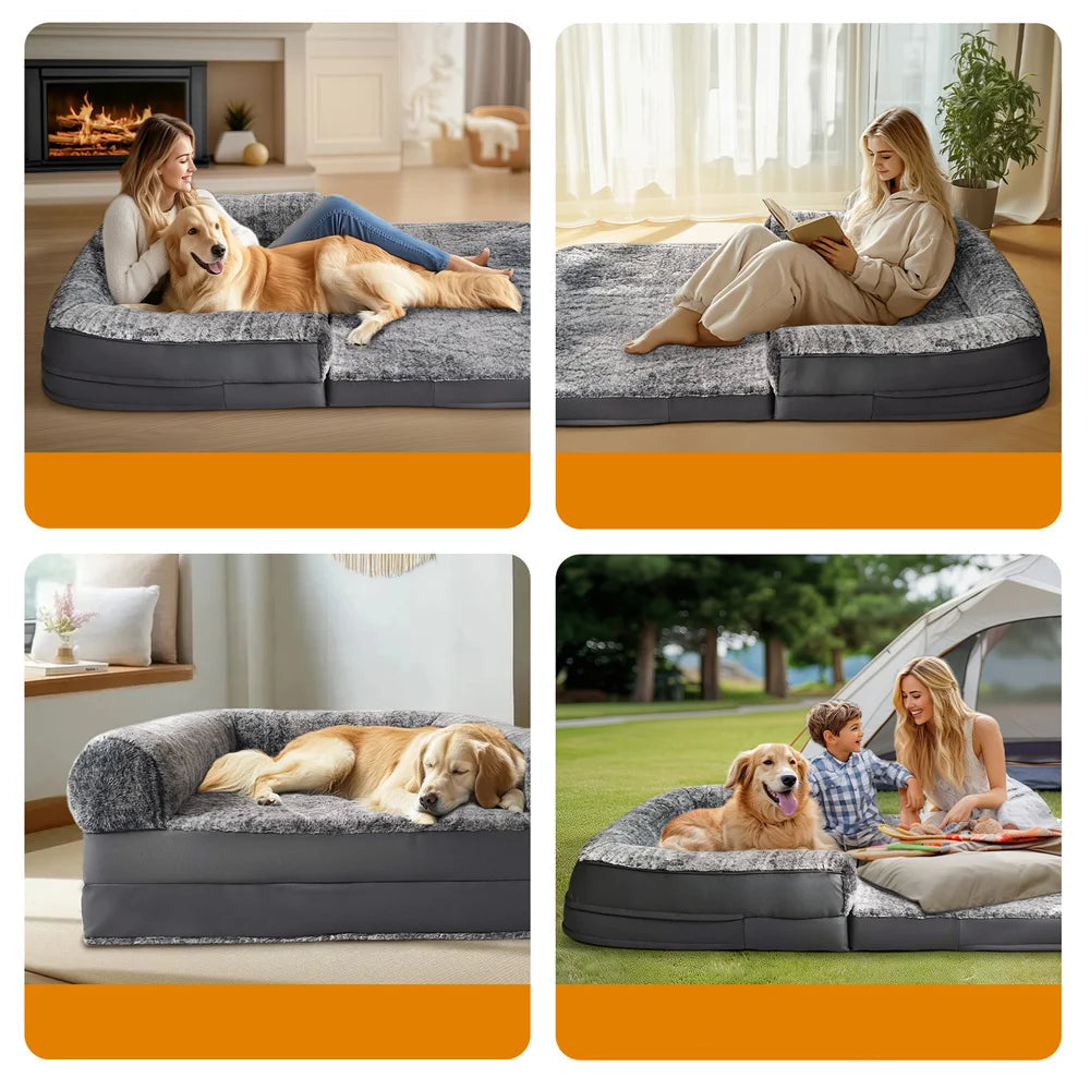 Chien allongé sur un grand lit dans un intérieur cosy. Ce coussin Convient aux grands espaces et au grands chiens