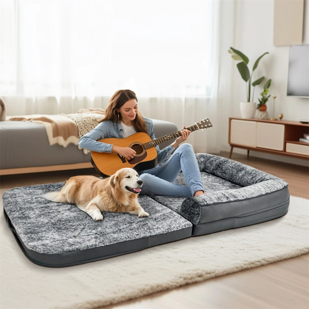 Chien plongé dans un sommeil profond sur un coussin en mousse épaisse et rebords moelleux.