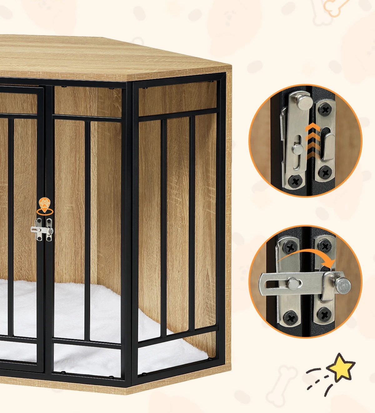 Cage pour chien d’intérieur – zoom sur le verrou de sécurité et détails en métal noir