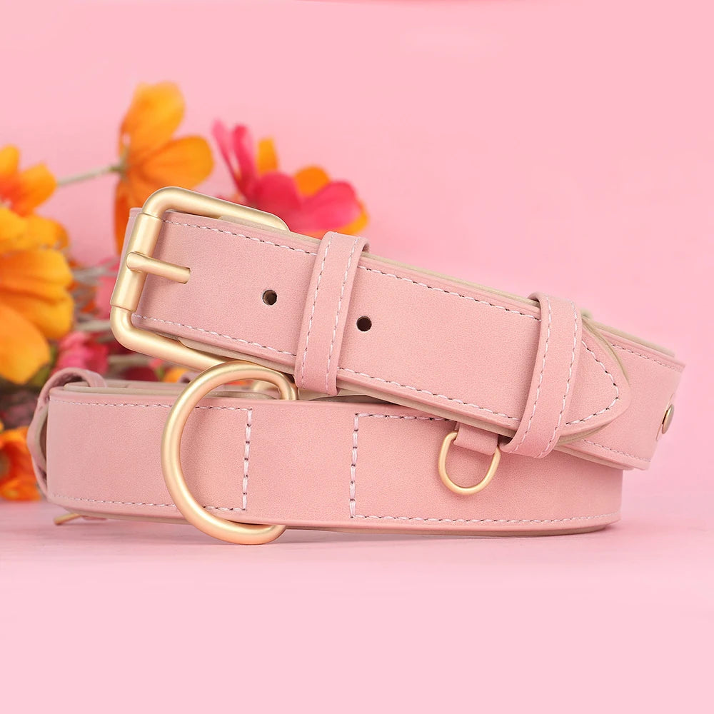 Collier rose clair pour chien avec boucle dorée robuste et cuir doux