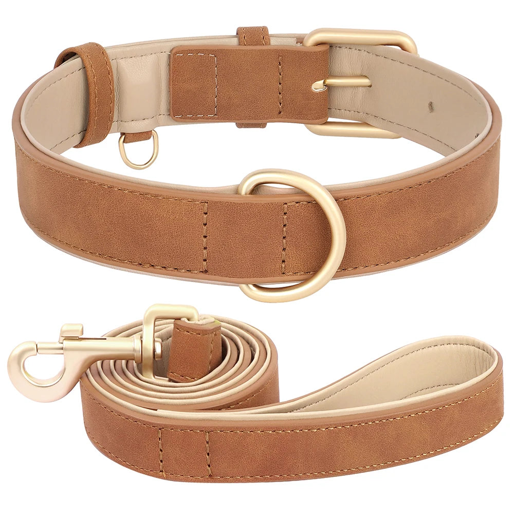 Ensemble collier et laisse marron pour chien, cuir souple et ajustable