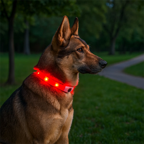 Chien portant un collier pour chien LED rouge lumineux en extérieur la nuit