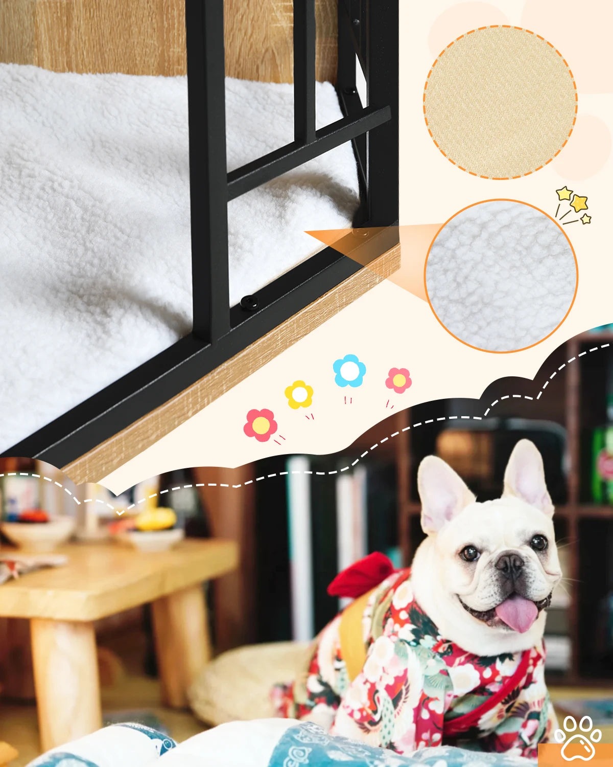Détails du coussin en sherpa lavable et des matériaux robustes de la cage pour chien