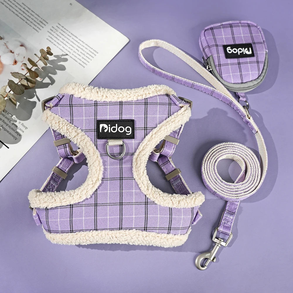 Petit chien portant un harnais violet élégant, assorti avec laisse et sac à crottes.