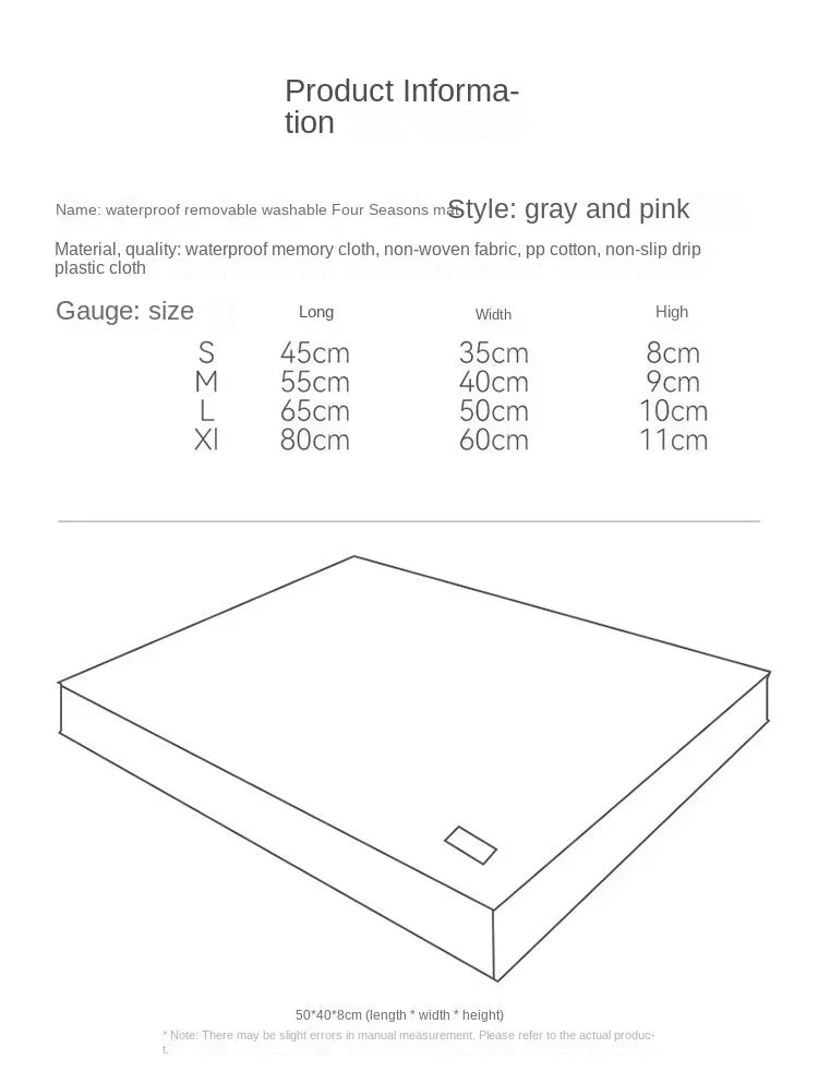 Guide des tailles pour coussin orthopédique imperméable pour chien avec dimensions disponibles de S à XL.