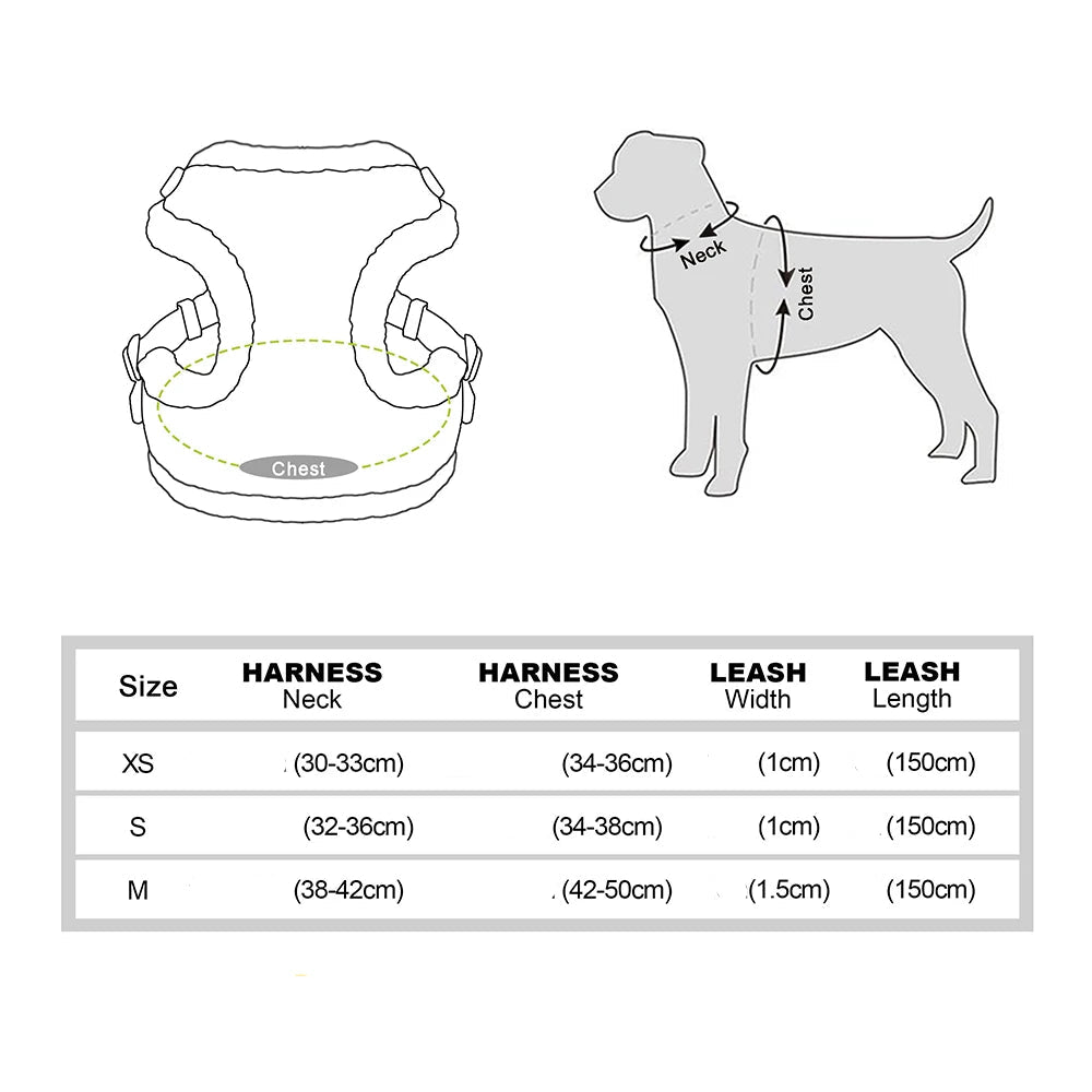 Guide des tailles XS à M pour choisir le harnais adapté au tour de cou et de poitrine du chien.