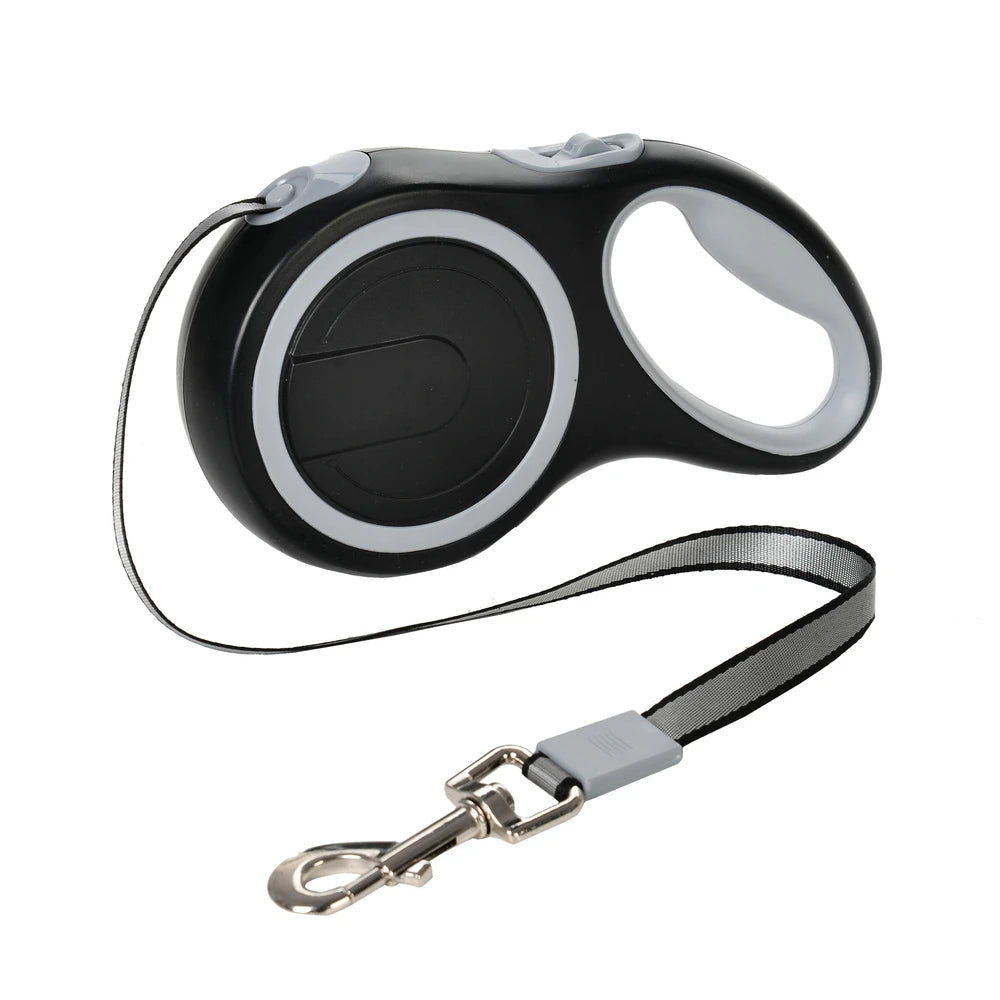 laisse retractable nylon noire et grise avec bouton frein pour chien jusqu’à 50kg
