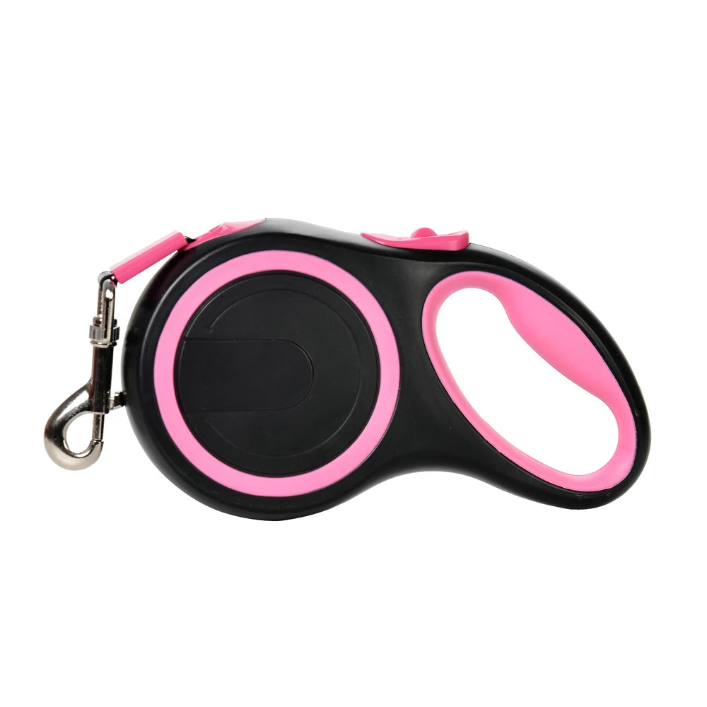 laisse retractable rose pour chien avec système anti-blocage et nylon resistant