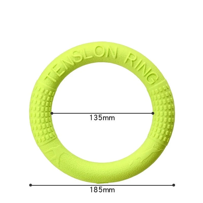 Anneau AeroTruffe™ jaune mesurant 185 mm de diamètre extérieur, idéal pour petits et grands chiens.
