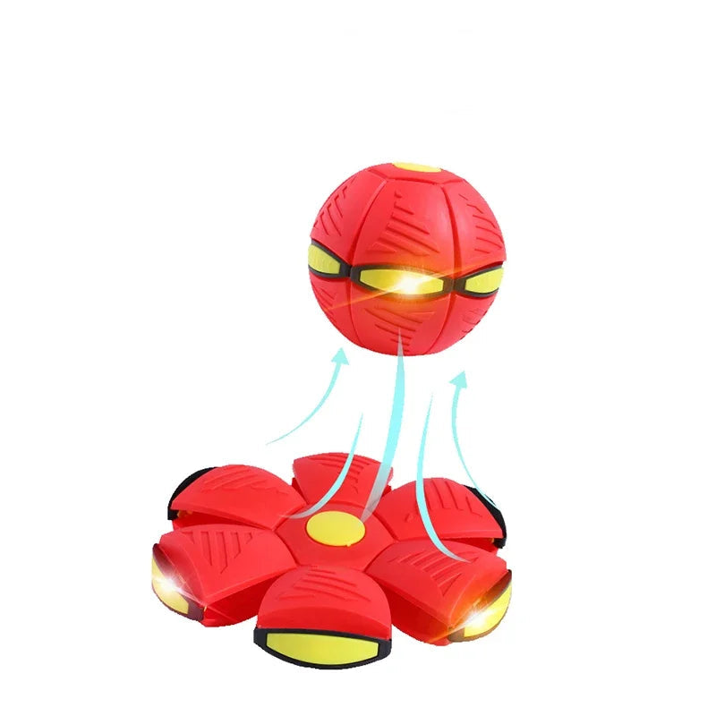 Jouet rouge pour chien en forme de disque volant, illustrant la transformation