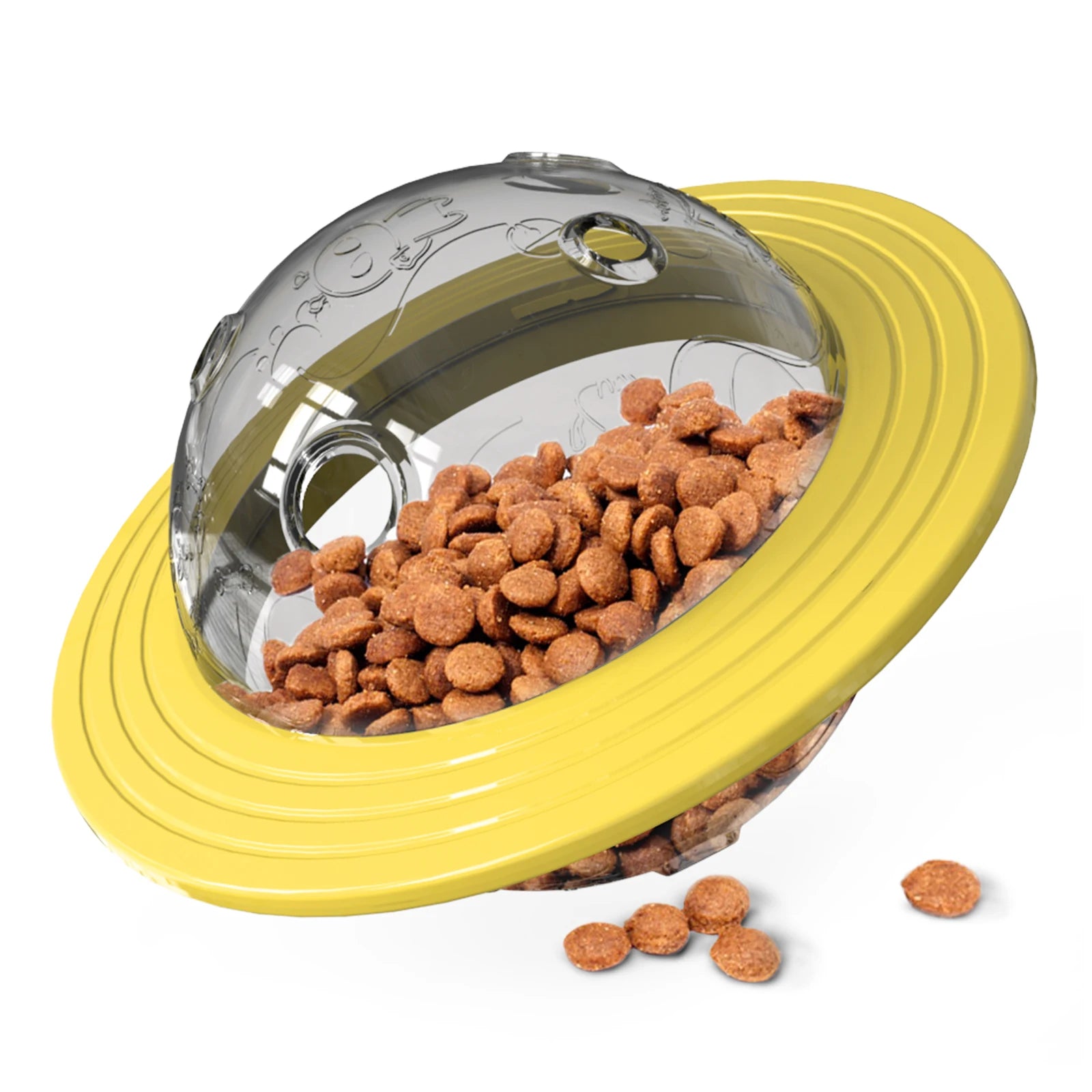 Jouet distributeur jaune interactif pour chien, avec croquettes tombant sur le sol pendant le jeu.