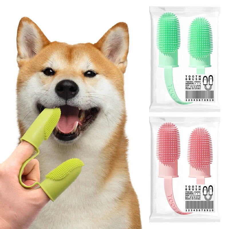 Chien recevant un brossage doux avec une brosse en silicone vert. Nettoyage 360° pour hygiène dentaire optimale.