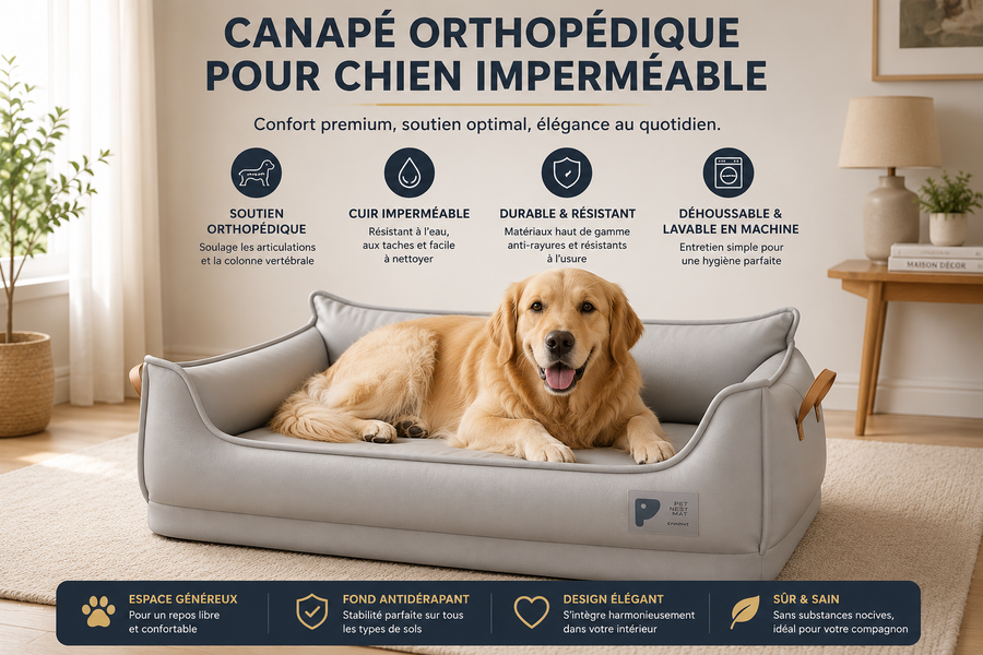 Canapé orthopédique pour chien LuxeGuard™ avec soutien confortable, revêtement imperméable et design premium pour un repos élégant.