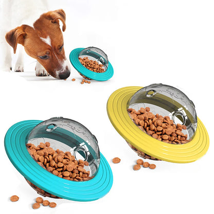 Chien reniflant deux balles distributeur de friandises, une bleue et une jaune, parfaites pour ralentir l’alimentation.
