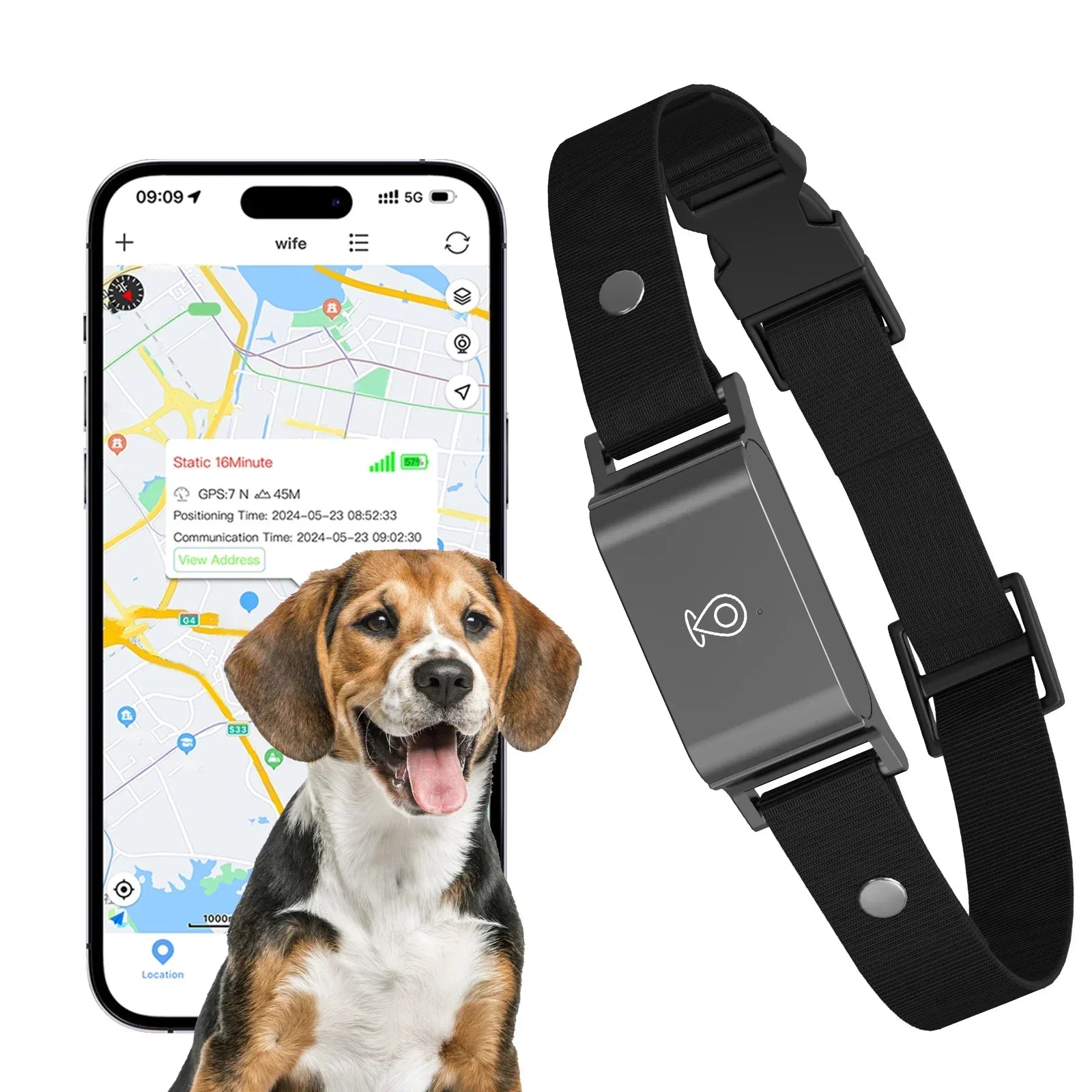 Présentation du collier GPS pour chien. Avec une application dédié et un chien sur la photo.
