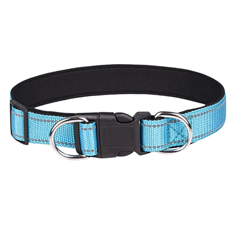 Collier réfléchissant bleu pour chien, nylon solide et rembourrage doux