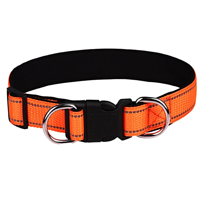 Collier pour chien orange avec bandes réfléchissantes, réglable et rembourré