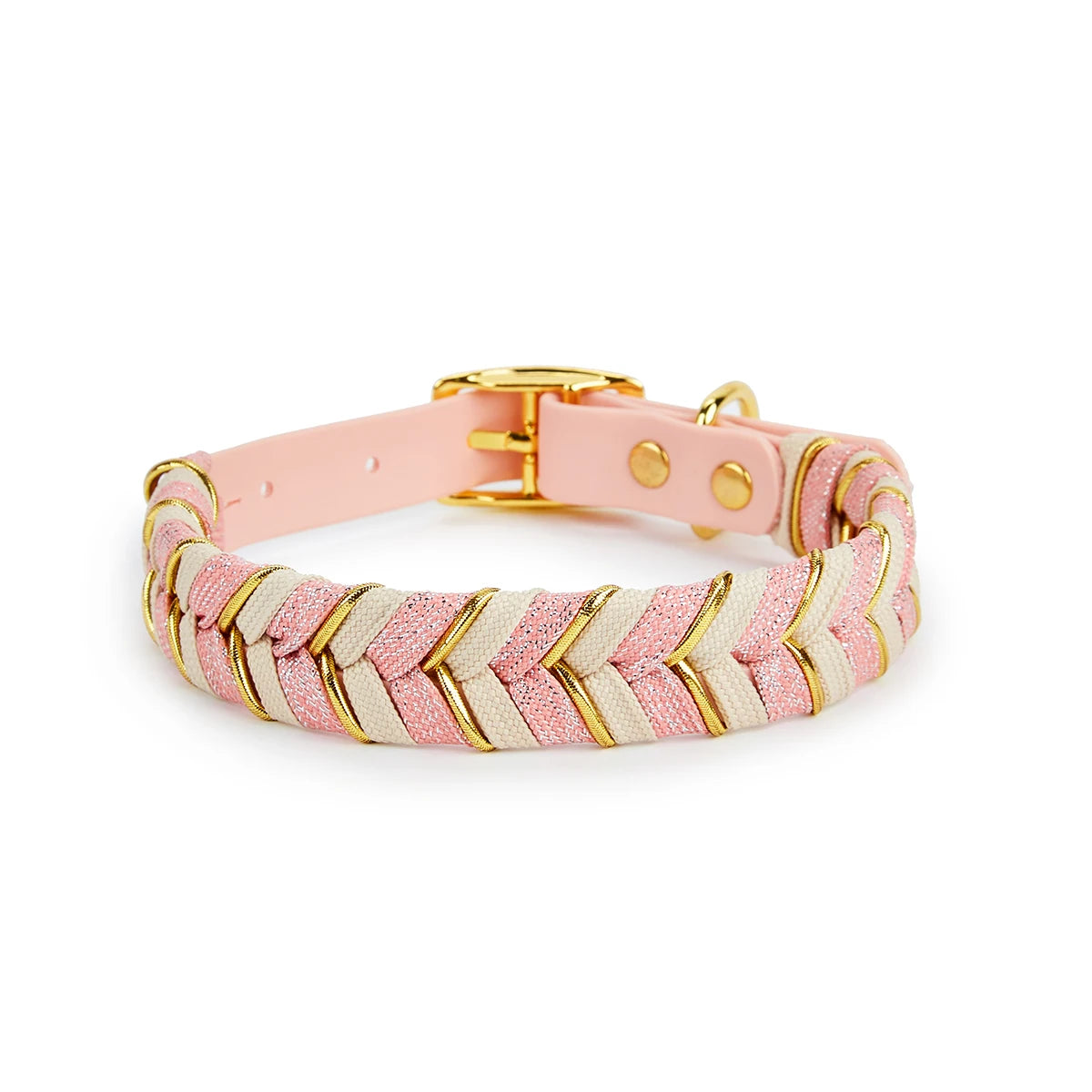 Collier tressé rose pour chien avec boucle dorée – accessoire chic