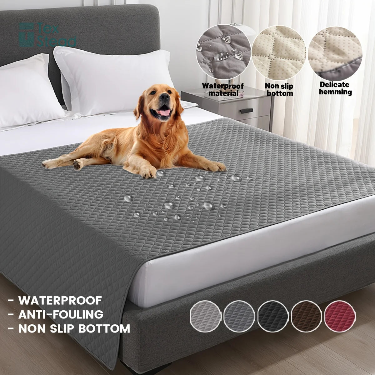Chien allonge sur couverture impermeable grise pour lit ou canape, antiderapante et lavable