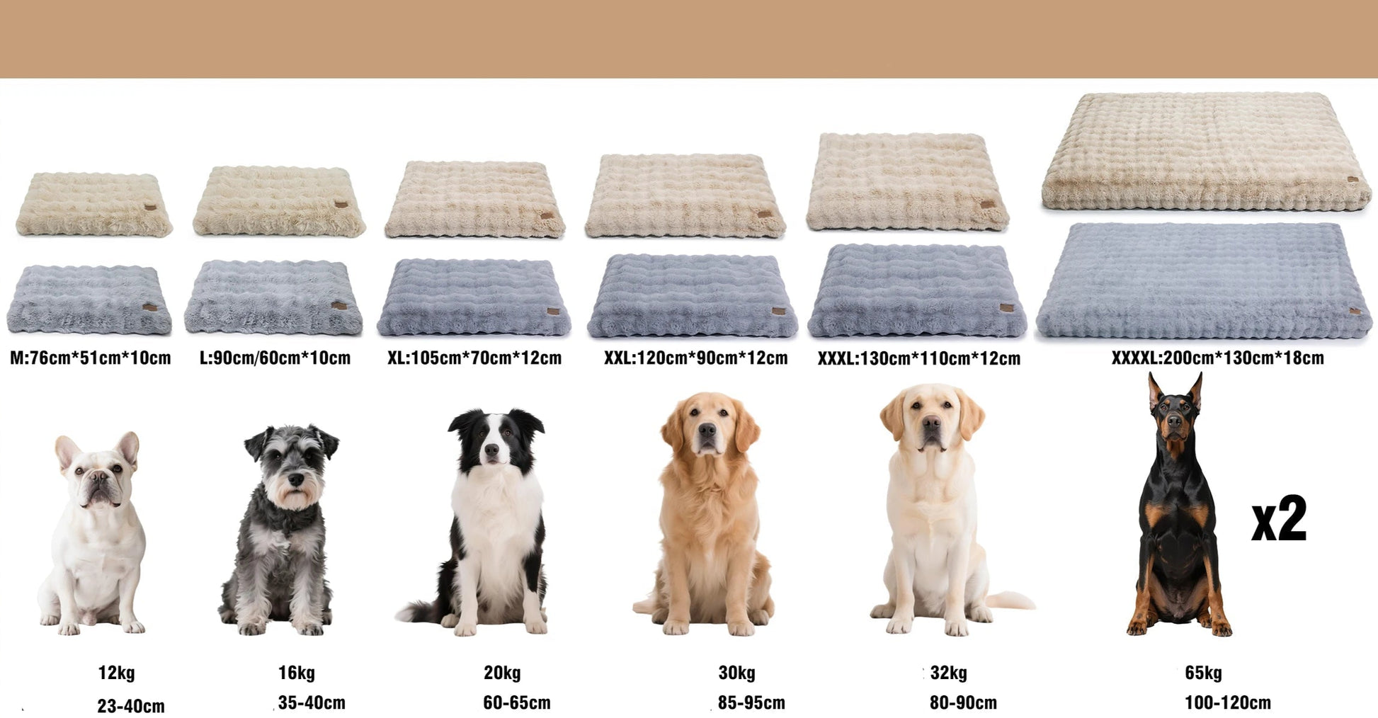 Présentation des tailles disponibles du coussin mémoire de forme pour chien de M à 4XL