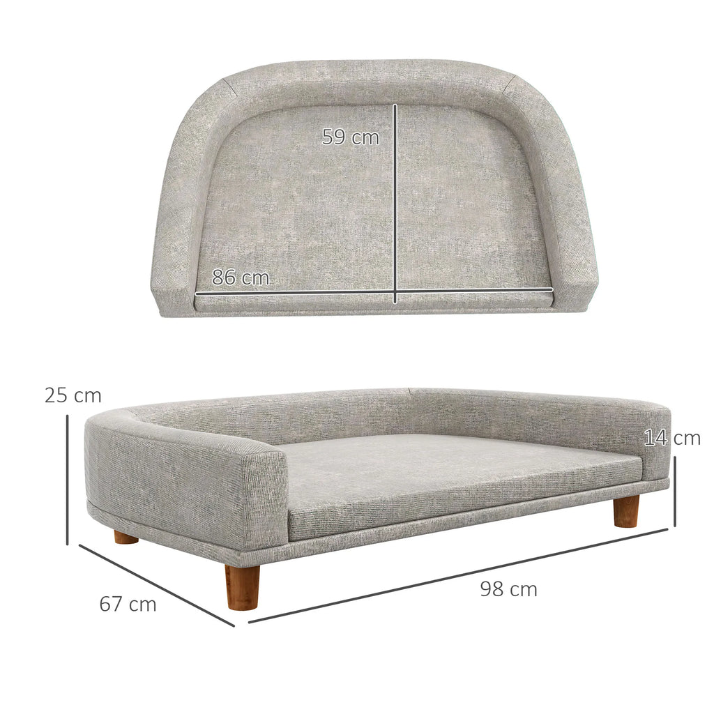 Vue latérale du canapé pour chien avec dimensions détaillées. Convient aux grands chiens jusqu’à 30 kg.