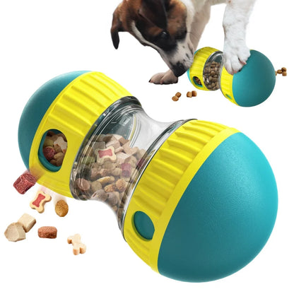 Chien qui joue à faire rouler un distributeur de friandises turquoises.
