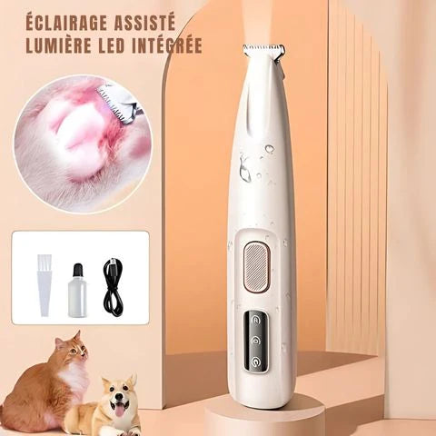 Tondeuse patte chien LED avec accessoires et brosse de nettoyage.