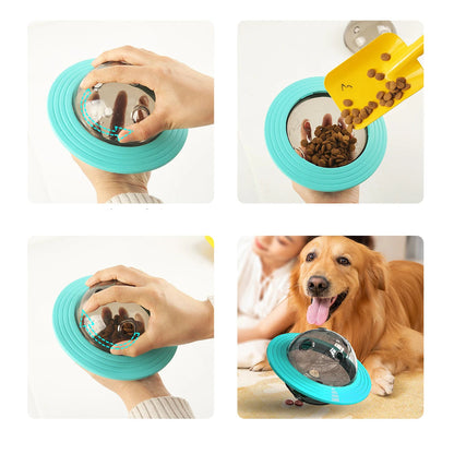 Un chien regarde son maître. Mettre les croquettes dans la balle interactive. 4 étapes sur la photo. 