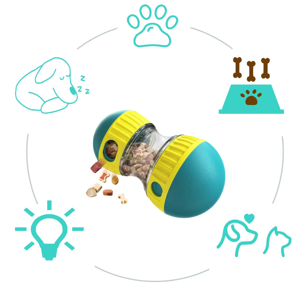 Schémas explicatifs des bienfaits du distributeur automatique de friandises pour les chiens. 