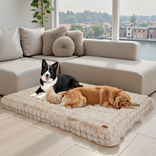 Deux chiens allongés sur un grand coussin mémoire de forme beige dans un salon moderne