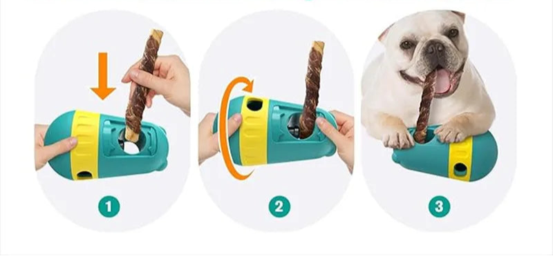 Explication étape par étape de l’insertion du bully stick dans le jouet distributeur.