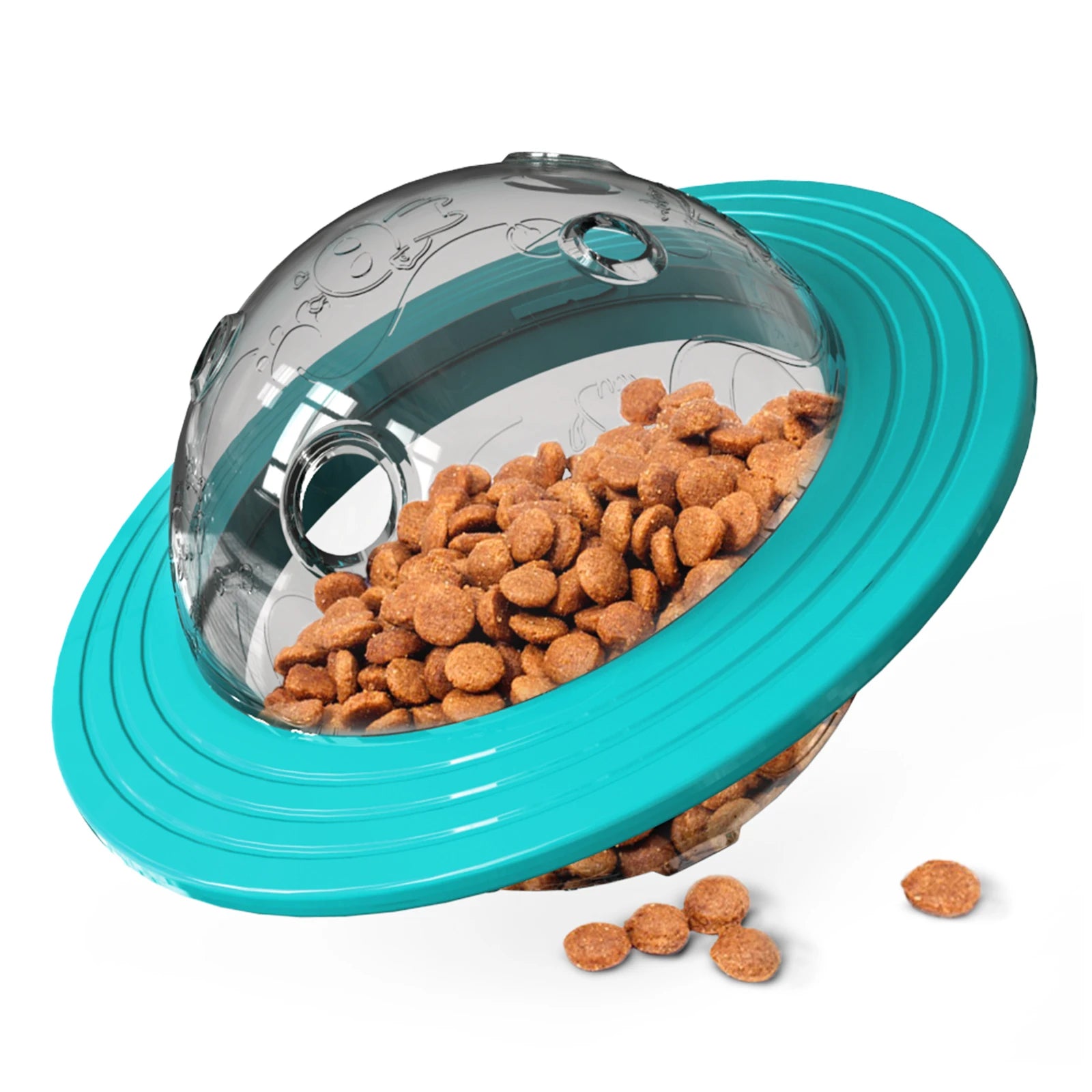 Balle planète bleue avec croquettes visibles à l’intérieur, conçue pour stimuler le chien tout en le nourrissant.