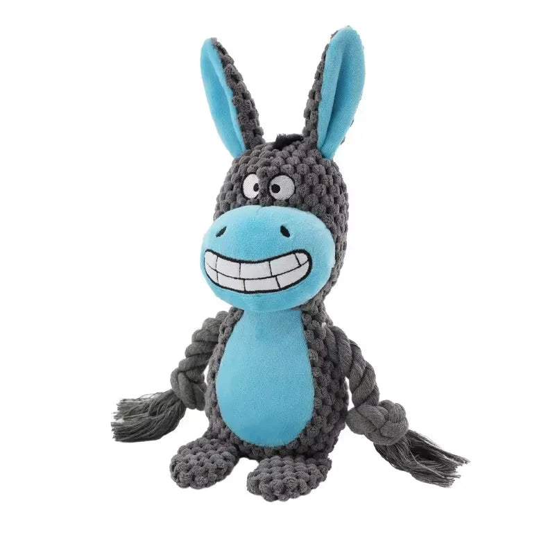 Jouet sonore en peluche pour chien de type âne gris avec détails bleus, visage souriant