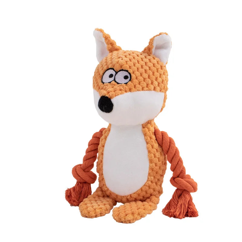 Peluche sonore pour chien représentant un renard roux avec ventre bleu clair