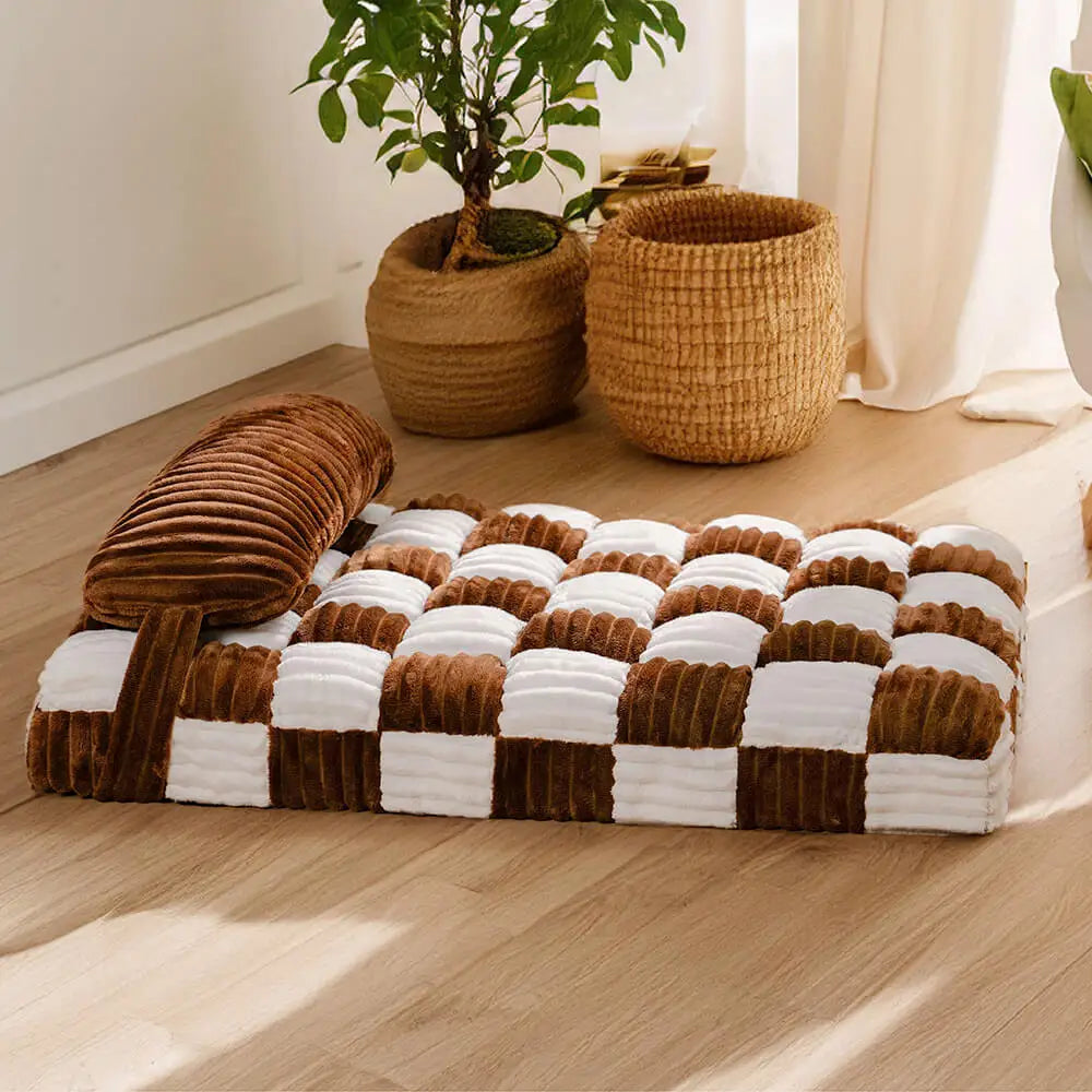 Coussin à mémoire de forme pour chien placé dans un salon moderne, confortable et élégant