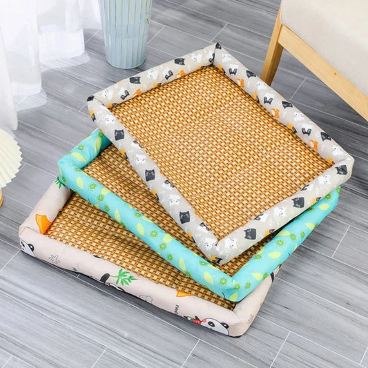 Coussin rafraîchissant pour chien en rotin tissé, rebords décorés