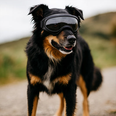 Chien noir en extérieur avec lunettes pour chien miroir coloré