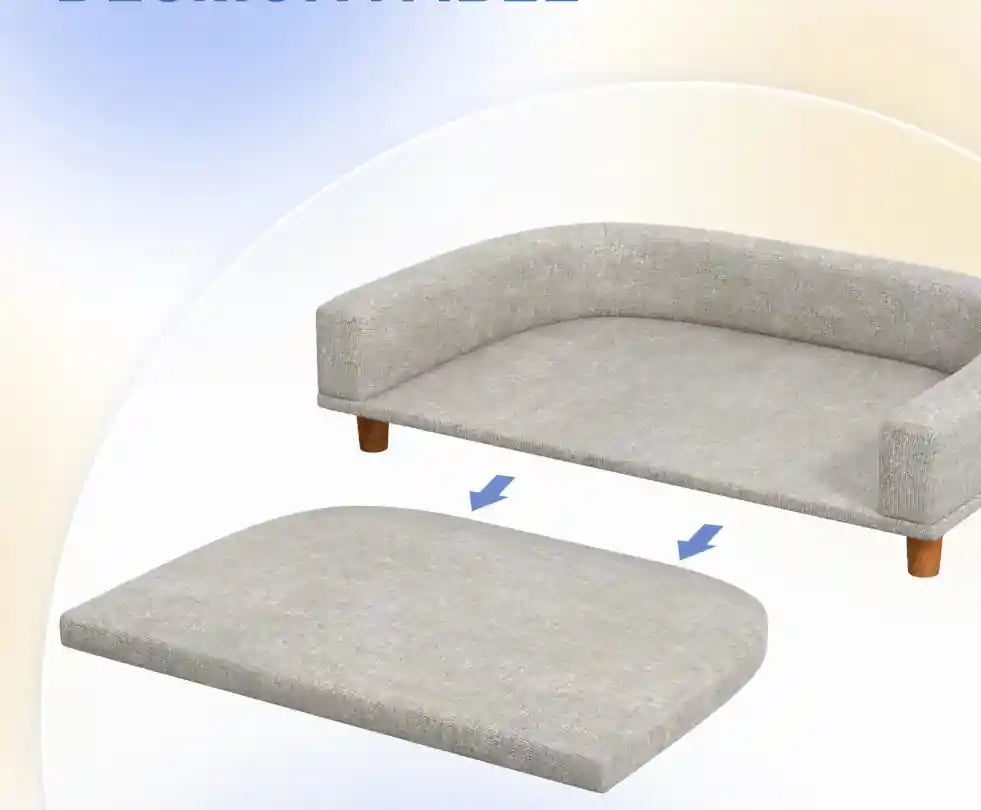 Schéma de montage du canapé pour chien avec coussin amovible et structure en bois facile à assembler.