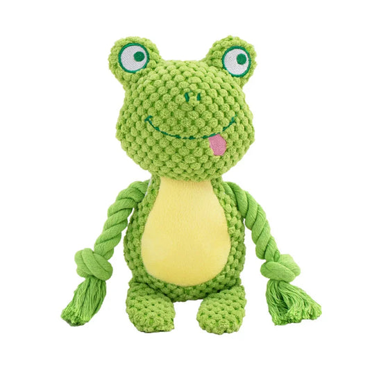 Peluche sonore verte en forme de grenouille pour chien, tissu texturé