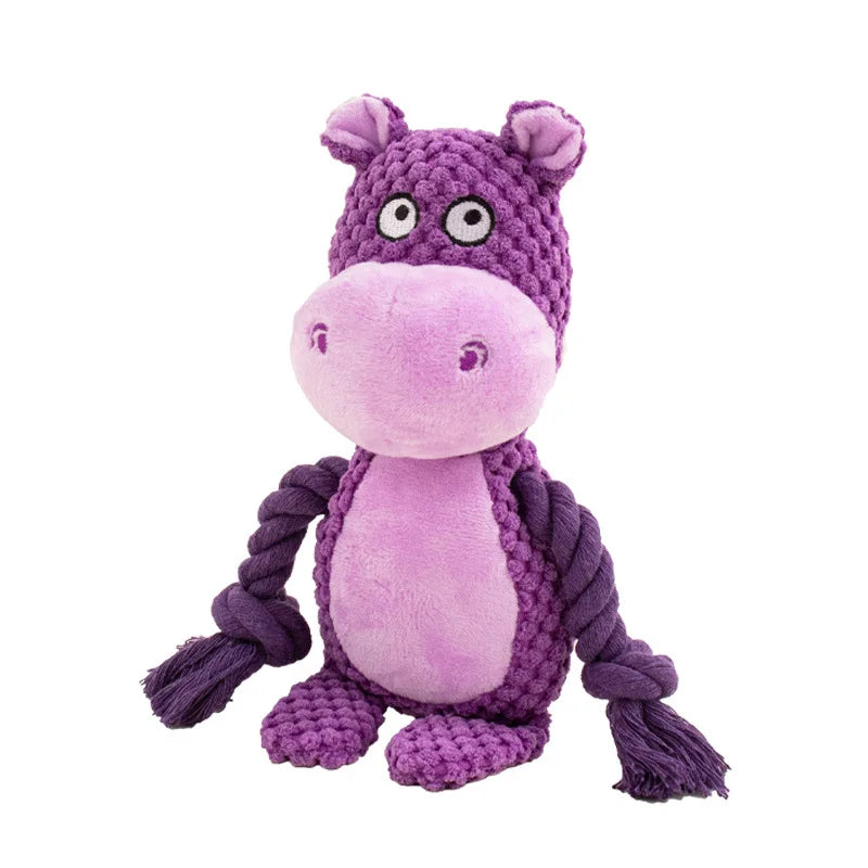 Jouet en peluche violet pour chien représentant un hippopotame amusant