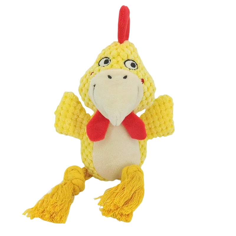Jouet en forme de poulet rigolo avec ailes jaunes et crête rouge