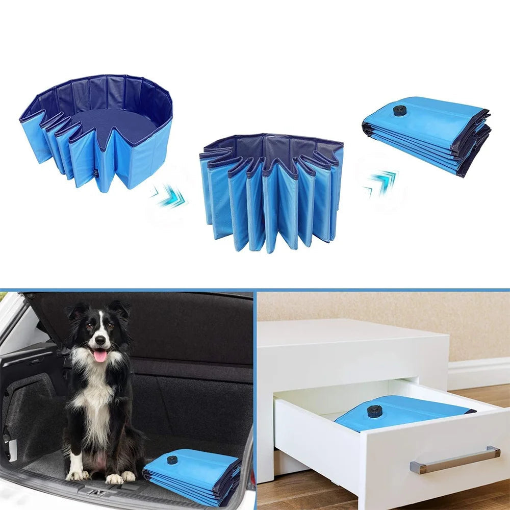 Piscine pliable pour chien avec vue sur pliage. Se replie à plat pour un stockage pratique, sans outil.