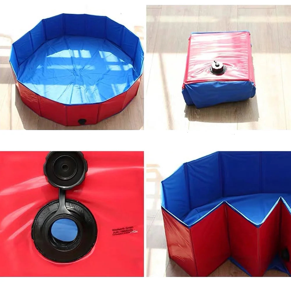 Galerie d’utilisations : chiens jouant, se baignant ou se lavant. Piscine idéale pour détente, hygiène et jeu.