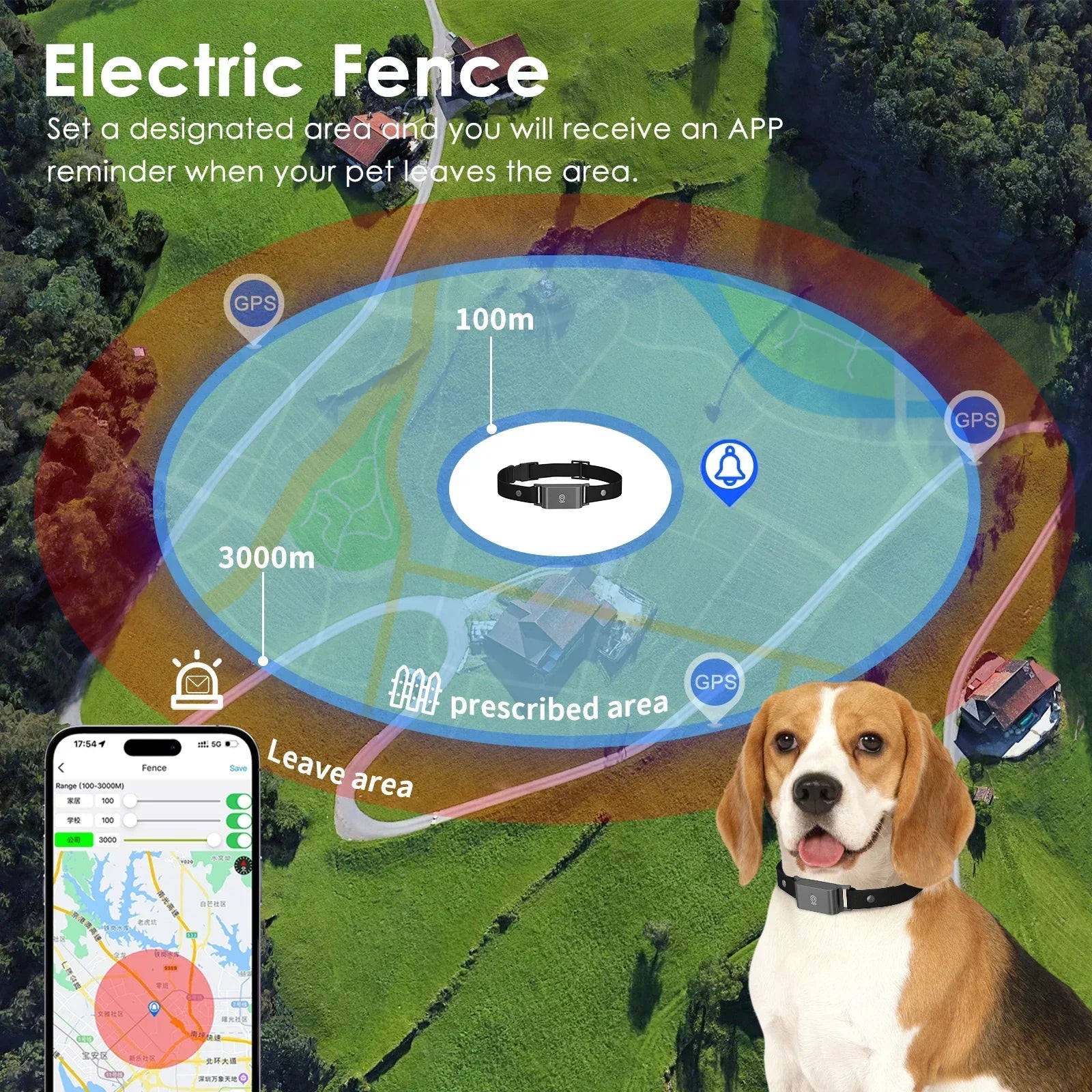 L'application du collier GPS permet un zonage Avec des alarmes en cas de dépassement. 