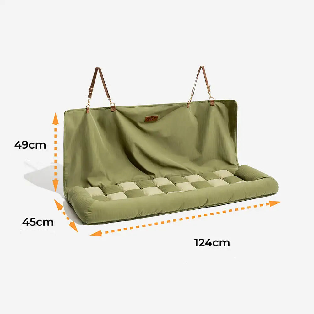 Siege auto coussin vert protégeant le siège arrière complet de la voiture avec taille en centimètres