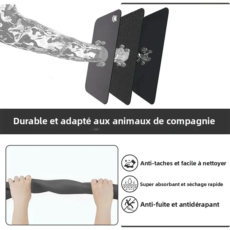 Tapis absorbant antidérapant pour gamelle chien avec une vue éclatée des différentes couches