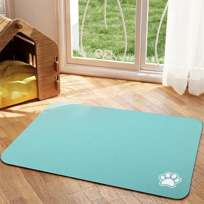 Tapis absorbant antidérapant pour gamelle chien bleu
