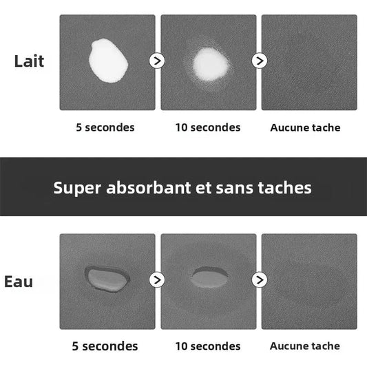 Tapis absorbant pour gamelle chien facile à nettoyer et démonstration de l'absorption sur 5 secondes et 10 secondes 
