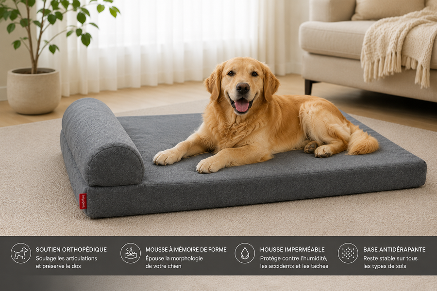 Coussin chien orthopédique gris ArcticRest™ avec Golden Retriever allongé