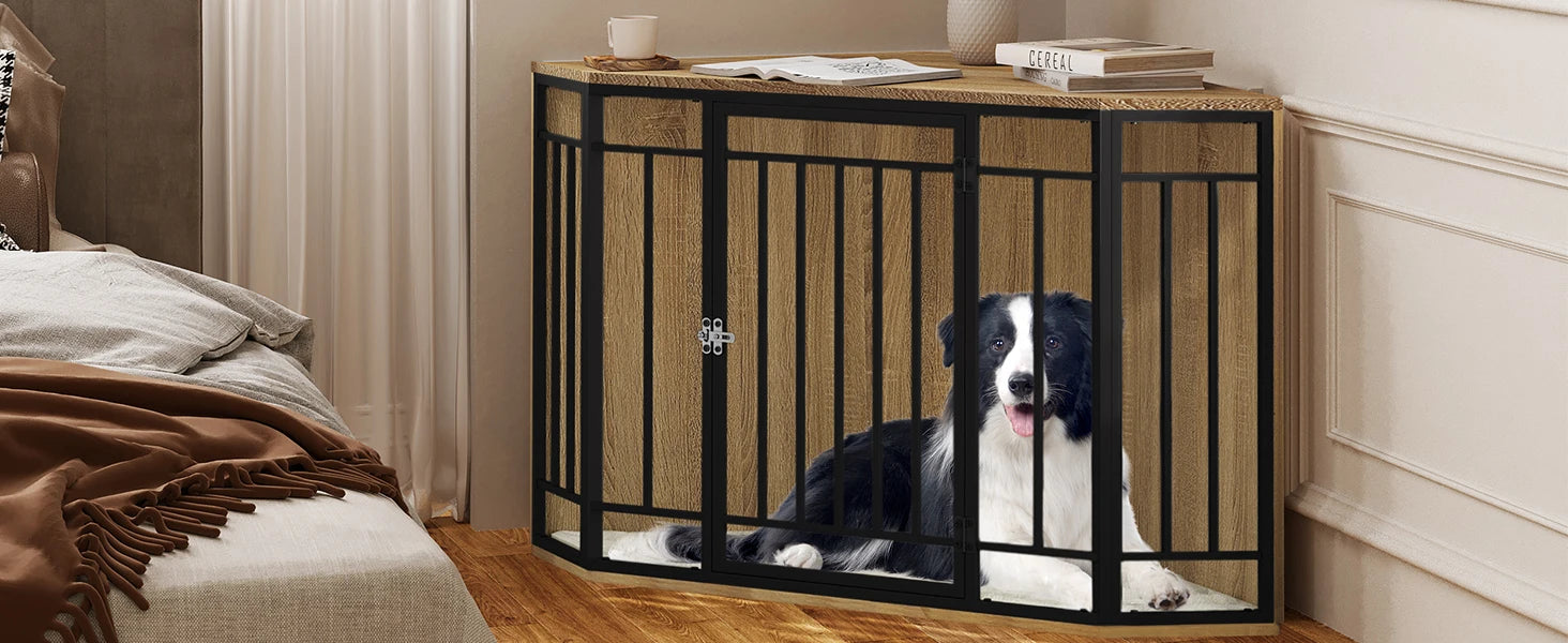 Cage meuble pour chien d’intérieur placée dans une chambre – chien blanc et noir reposant